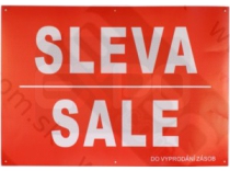 Kartónový banner, červený podklad s nápisom 'ZĽAVA / SALE', výška 48 šířka48cm. Cerveny