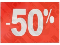 Kartónový banner, červený podklad s nápisom -50%, výška48xšířka48cm, farba červená